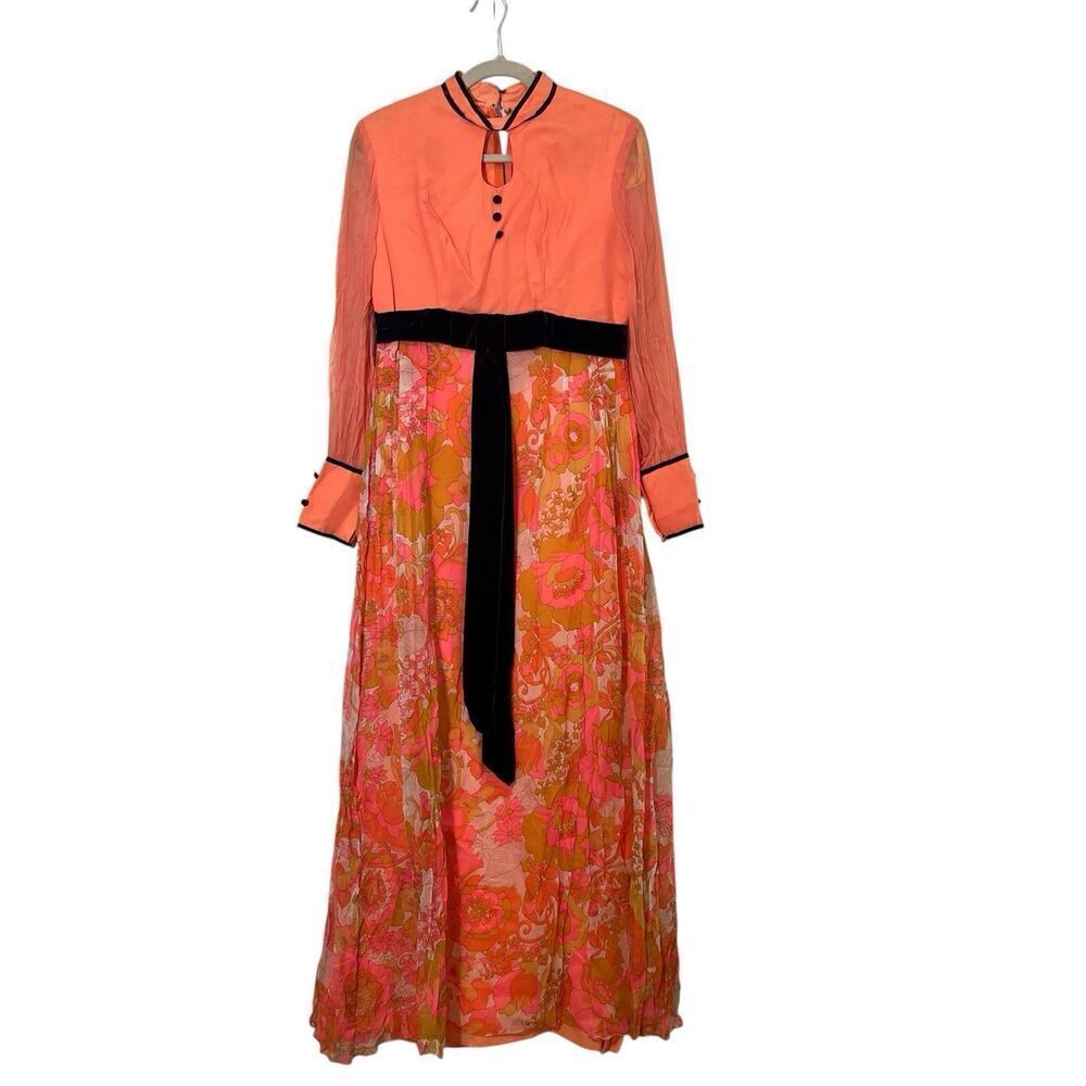 Vintage 60s Maxi Dress Size S Peach Pink‎ Chiffon Sheer Floral Cottagecore Gown